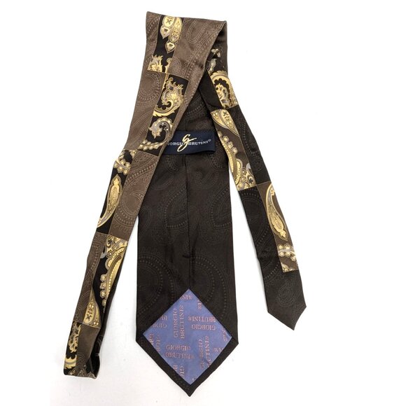 Giorgio Brutini Brown and Gold Geometric Silk Necktie Standard 59 Inch - Picture 4 of 6